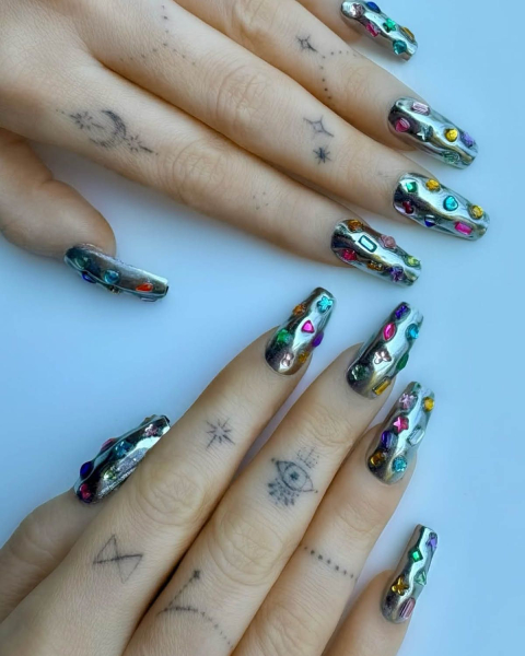 megan fox rainbow rhinestone gem nails on chrome summer